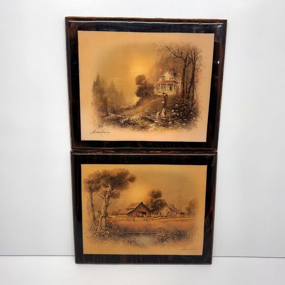 Source Unknown Other - 2 Vtg Wooden Hanging Rustic Farmhouse Scenes Art Plaques Decor Glossy 12" x 10"